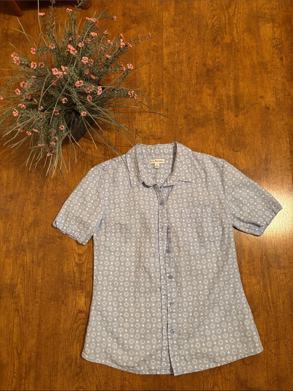 Kim Rogers blue button down shirt